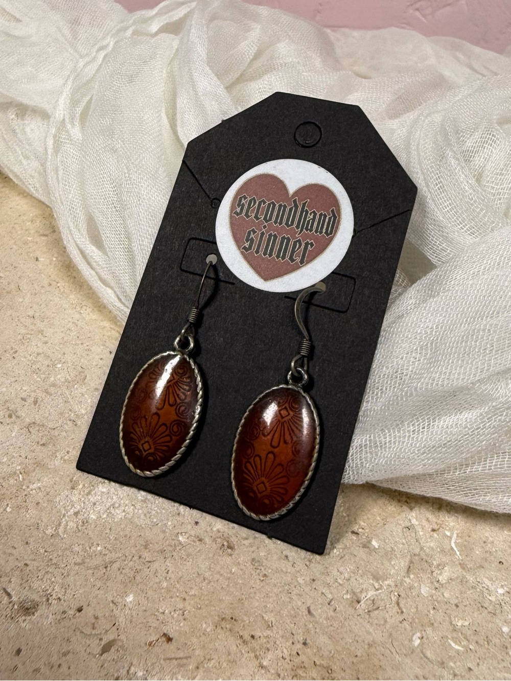 Vintage Brown Floral Cabochon Drop Earrings | Western Boho